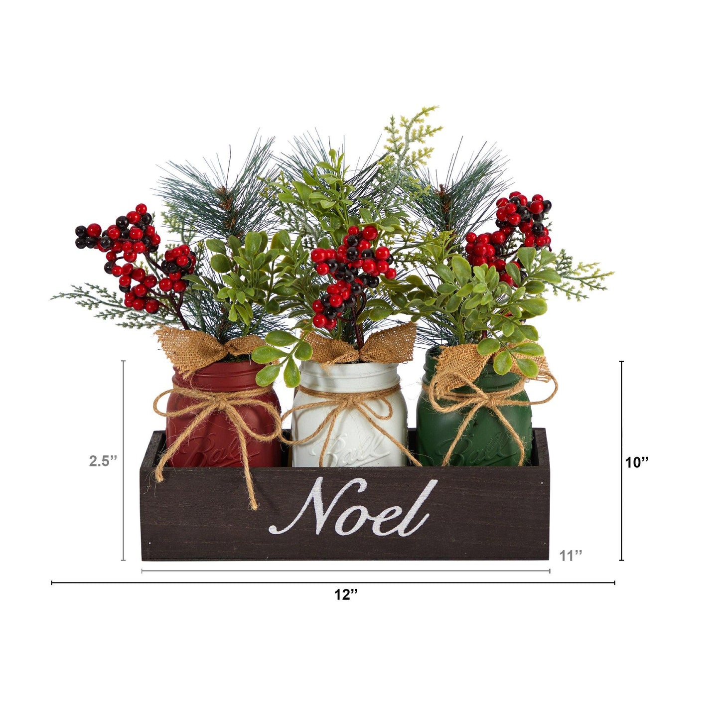 12” 3 Piece Mason Jar “Noel” Christmas Arrangement