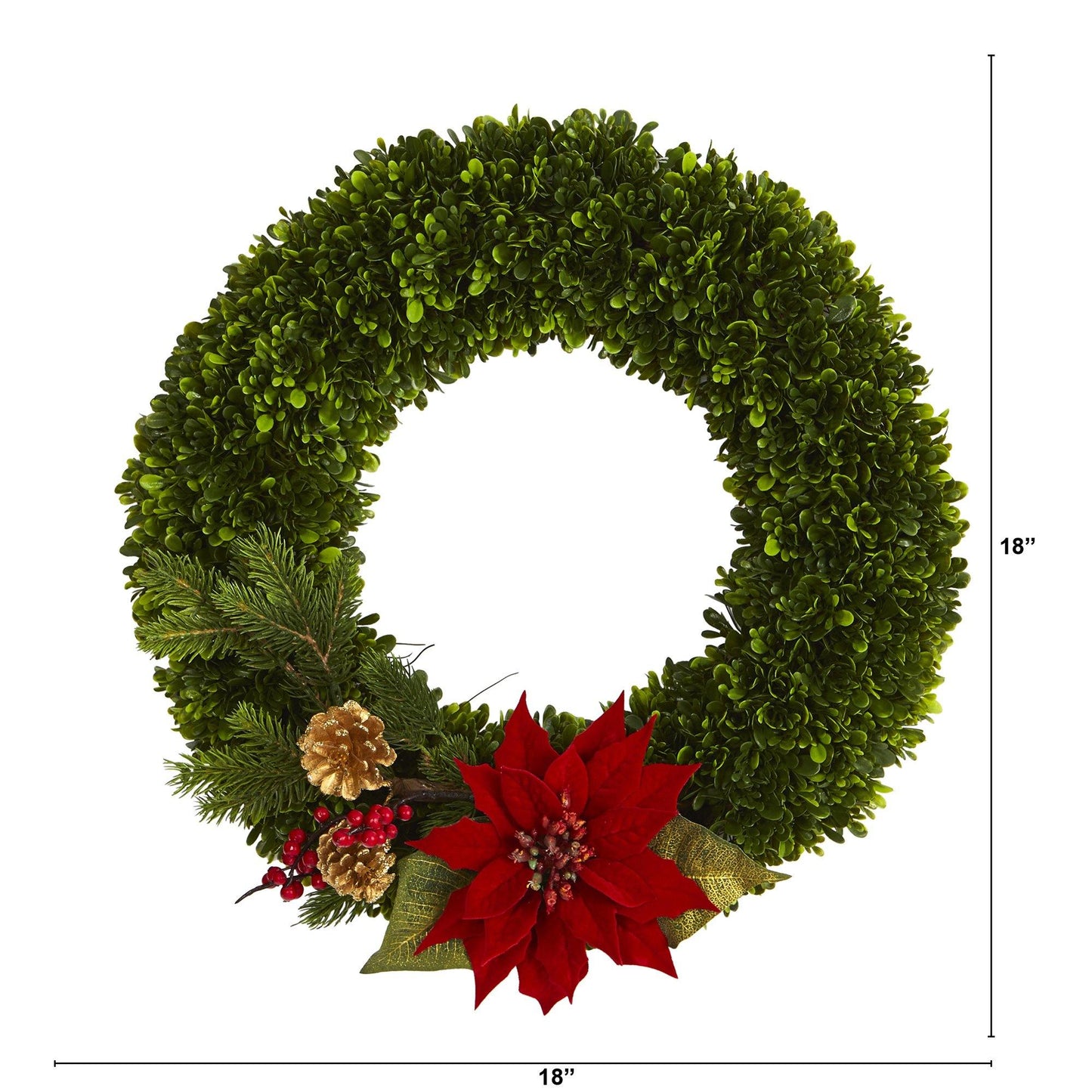 18" Tea Leaf Poinsettia and Pine Artificial Wreath