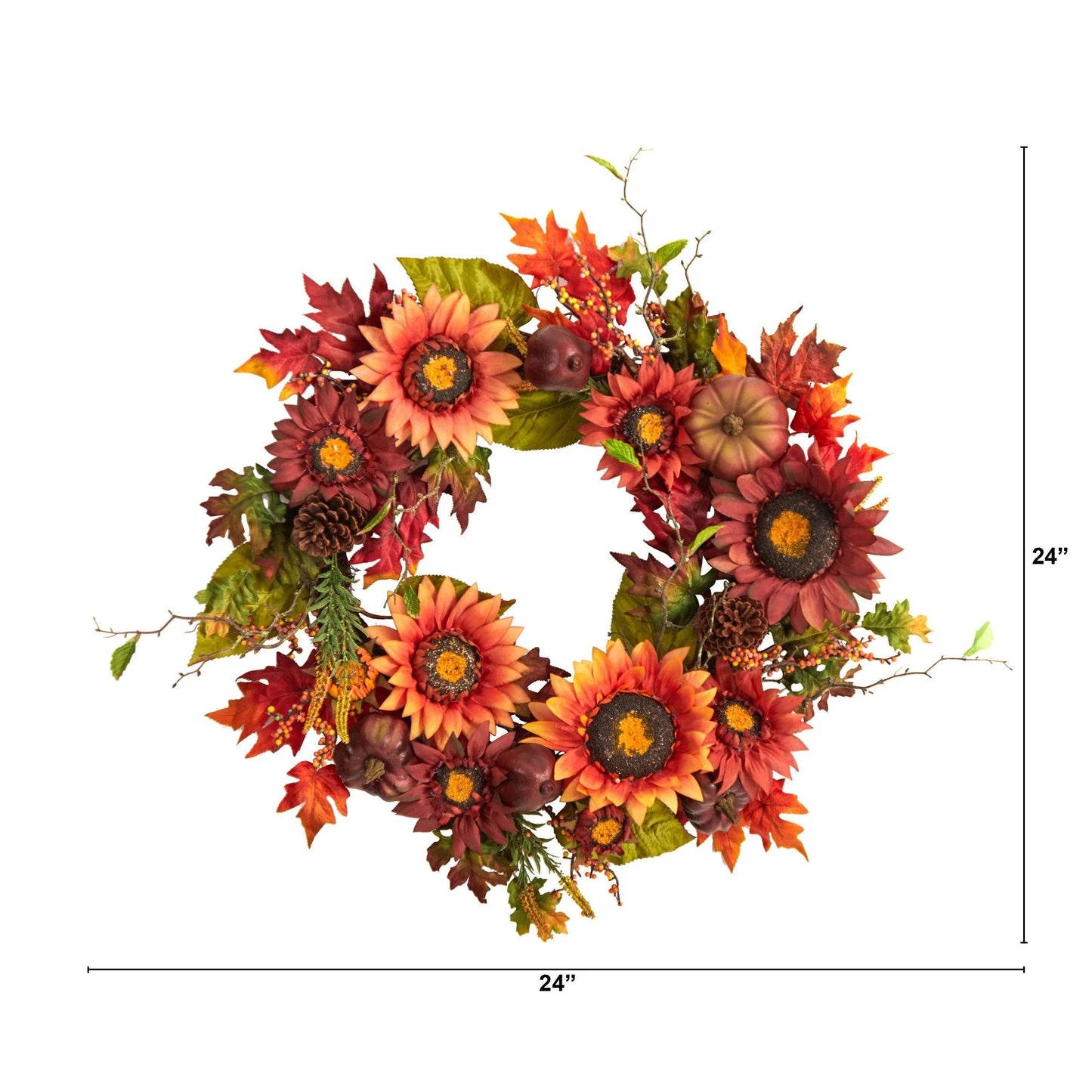 24" Autumn Sunflower Pumpkin Pinecone and Berries Wreath