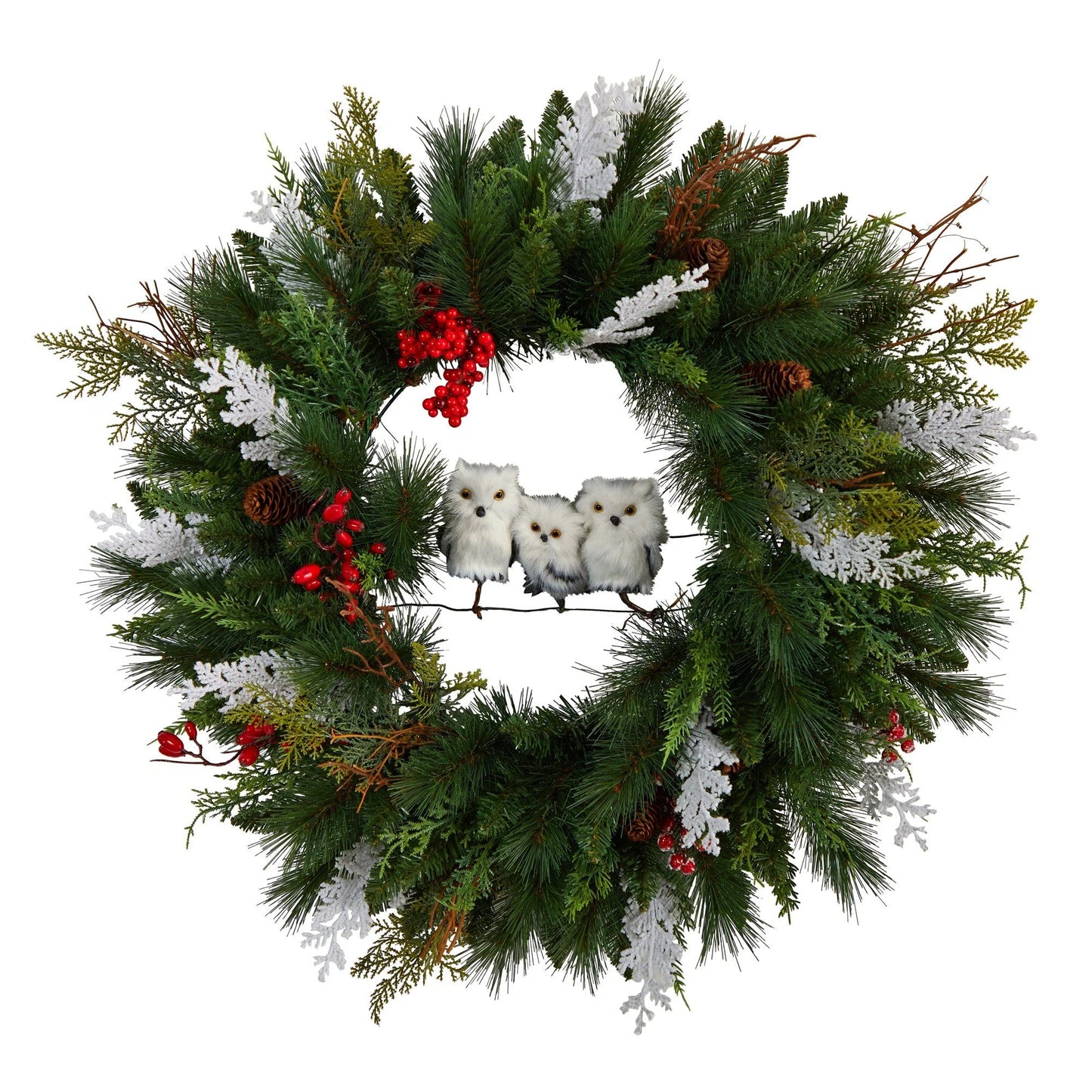 24" Holiday Owl Family Pinecone Berry Christmas Wreath