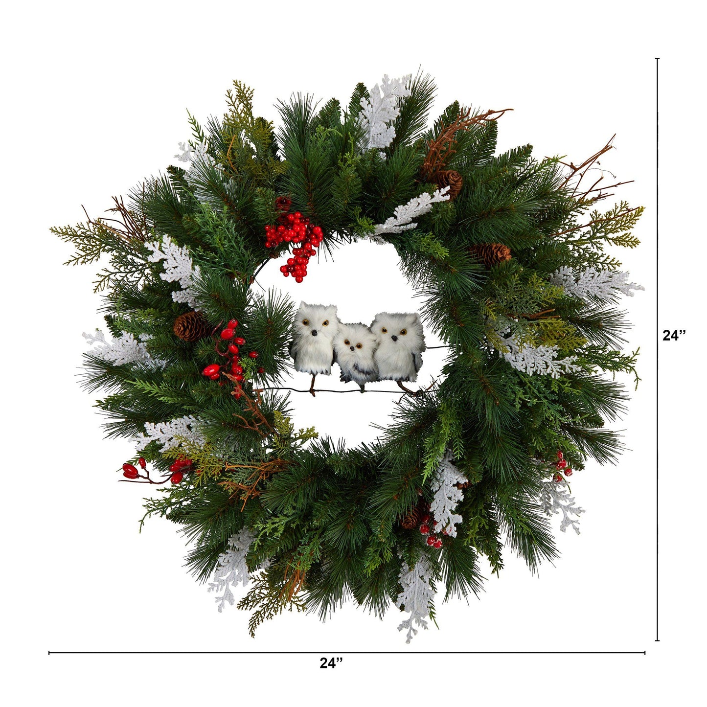 24" Holiday Owl Family Pinecone Berry Christmas Wreath