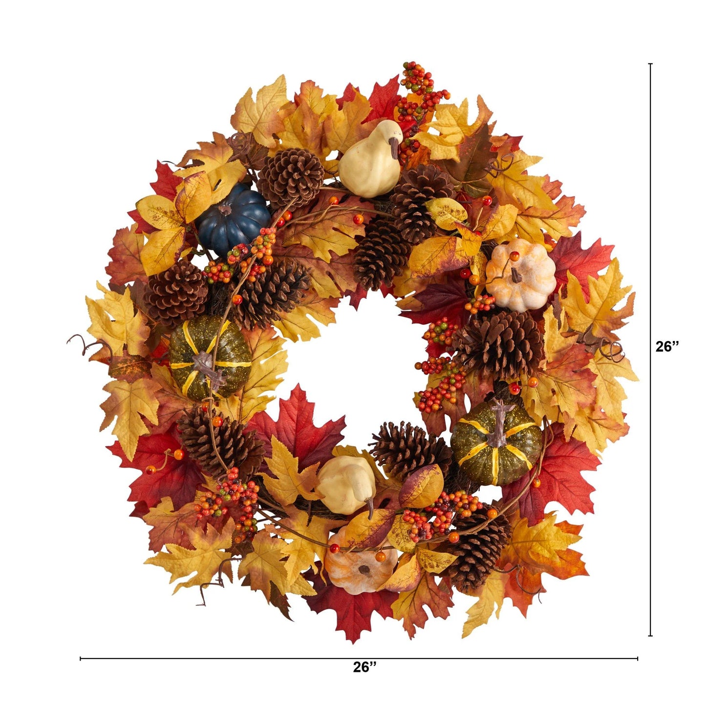 26" Fall Pumpkin, Gourd, Pinecone and Maple Leaf Wreath