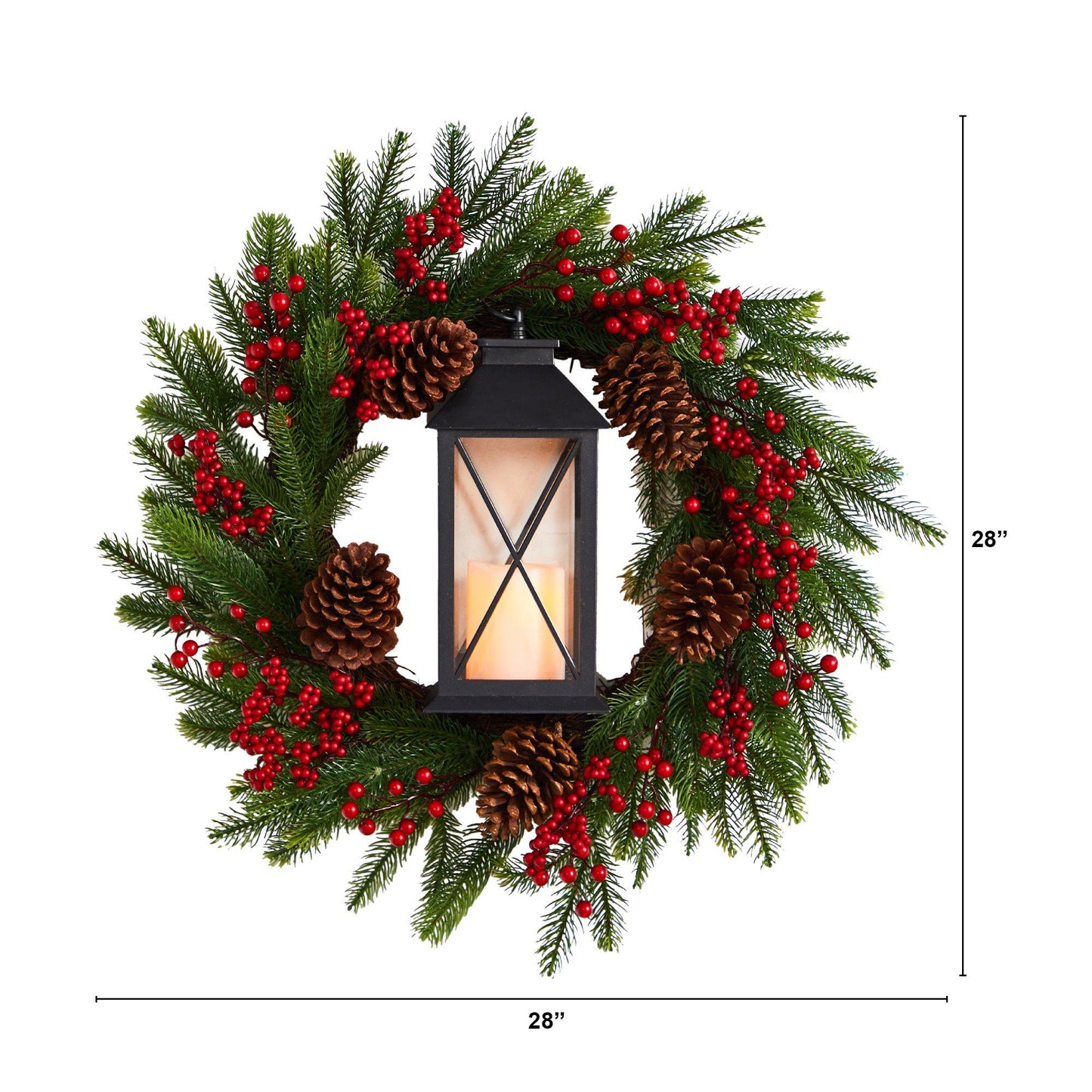 28" Berries & Pine Xmas Wreath w/Lantern and LED Candle