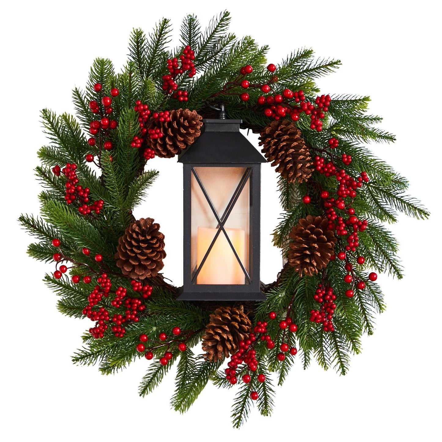 28" Berries & Pine Xmas Wreath w/Lantern and LED Candle