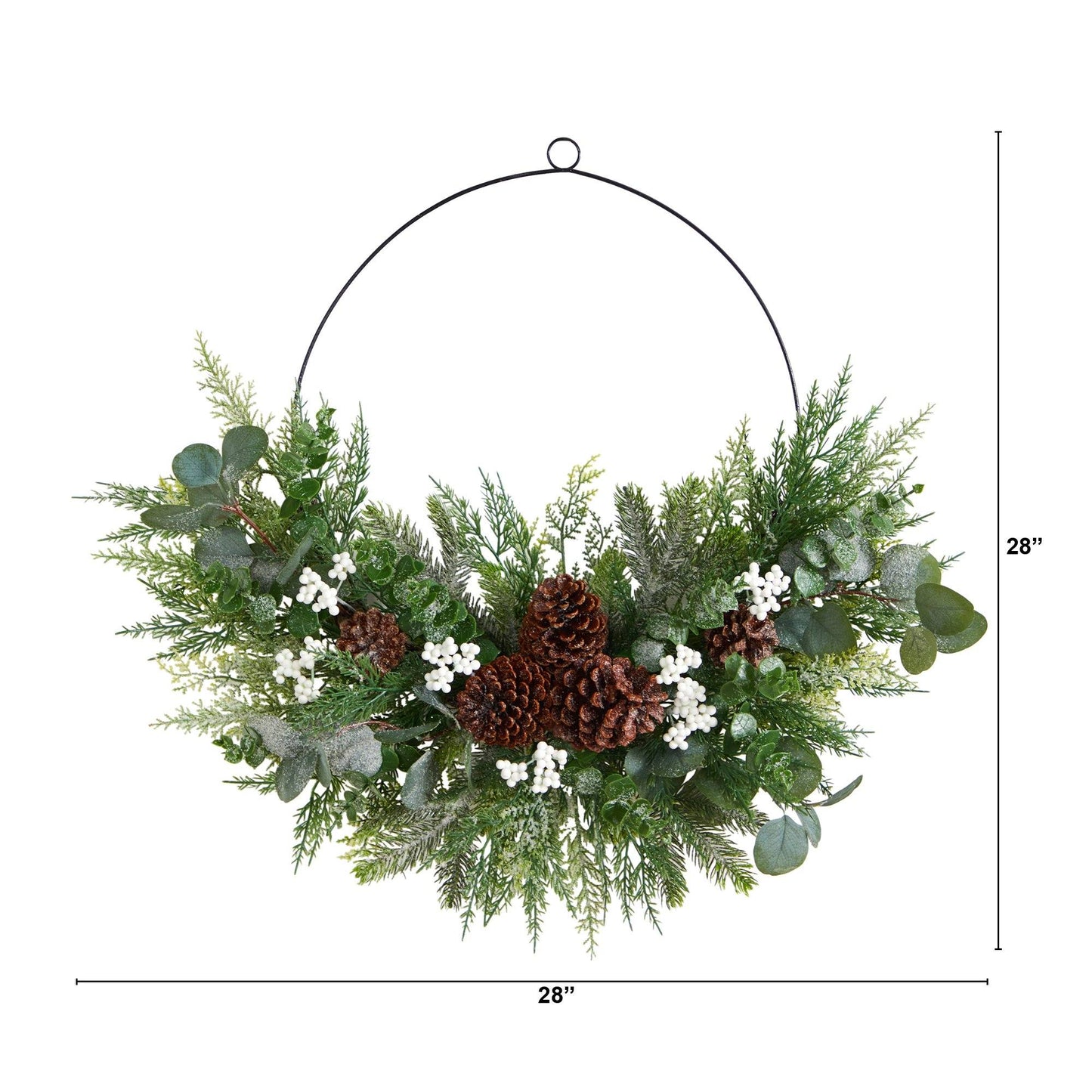 28" Xmas Pine, Eucalyptus, and Berries Metal Circlet Wreath