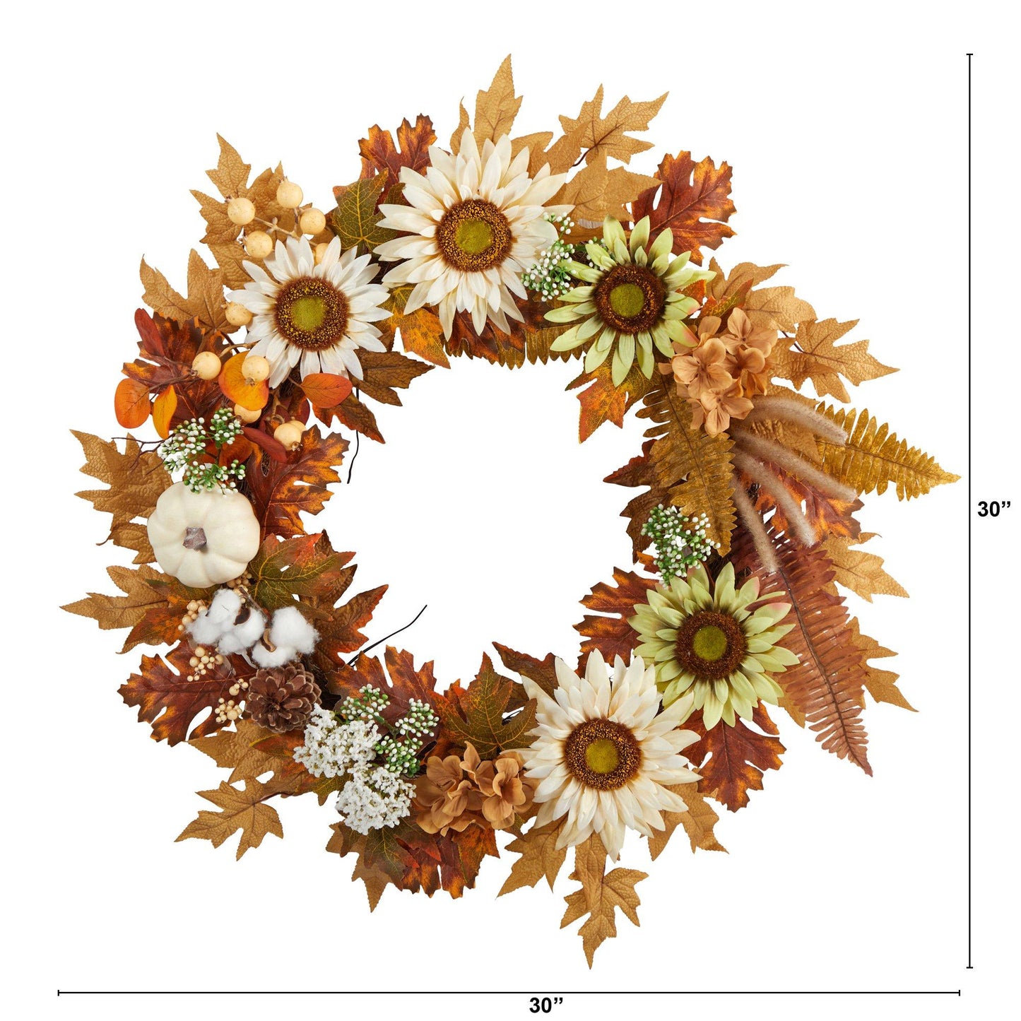 30" Sunflower, White Pumpkin and Berries Fall Wreath
