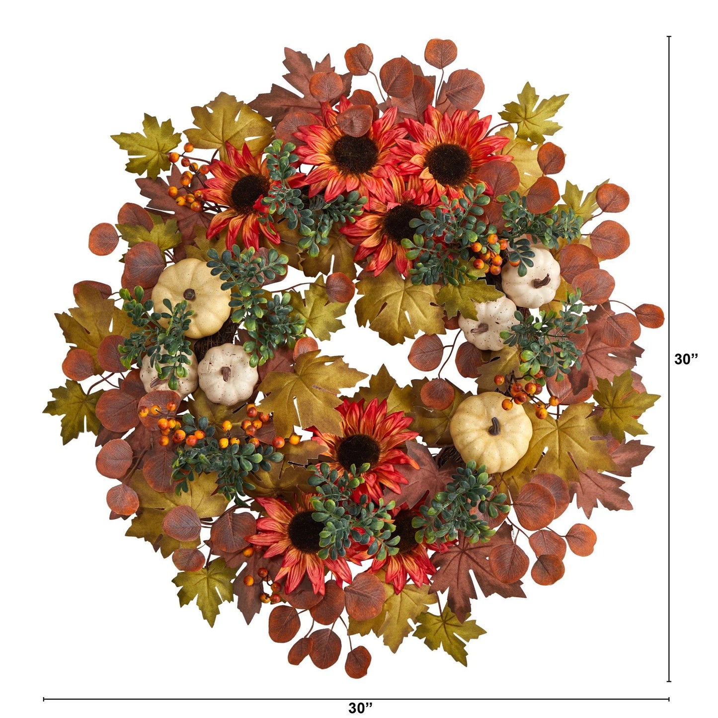 30" Sunflower, Pumpkin and Maple Leaf Artificial Fall Wreath