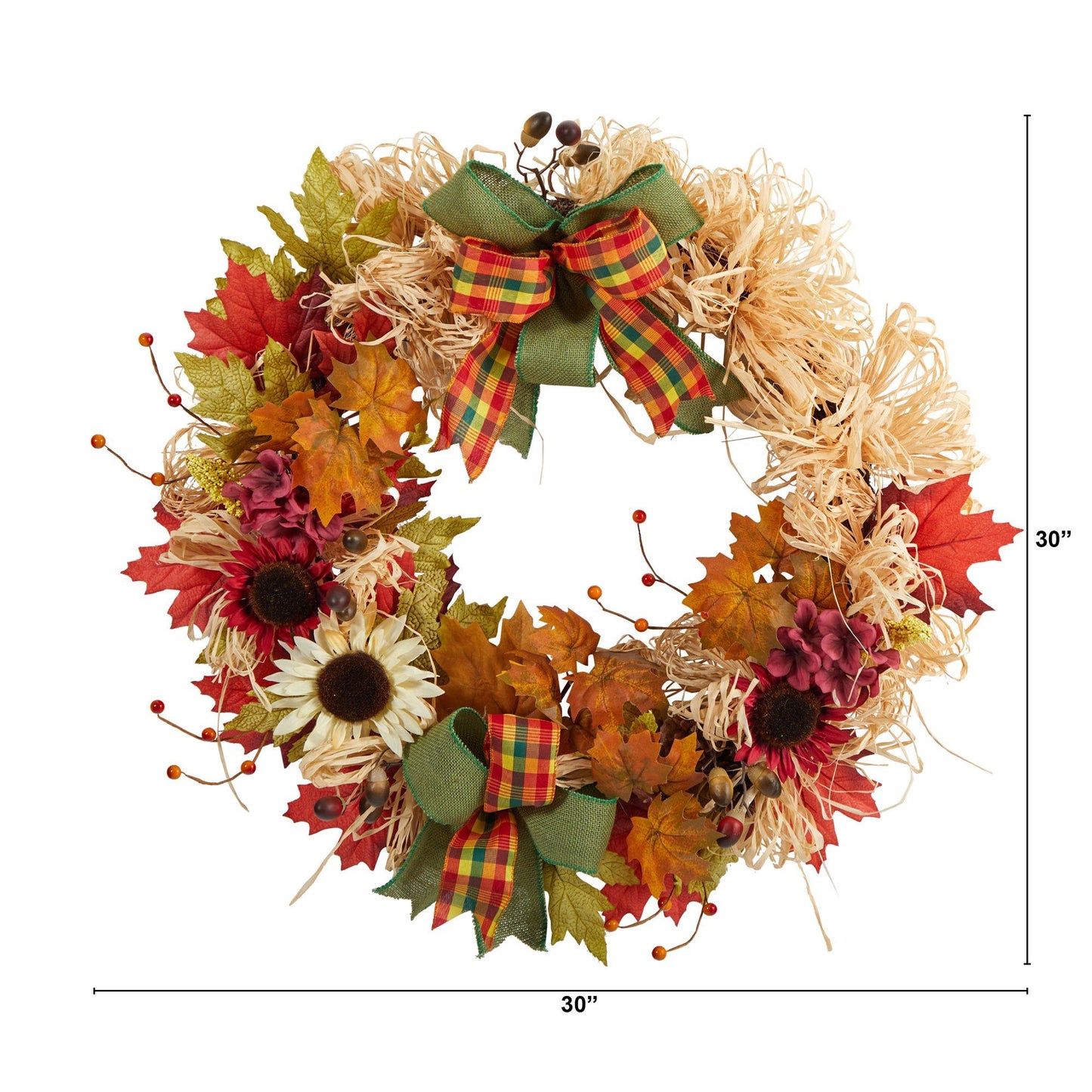 30" Harvest, Sunflower, Maple Leaves & Berries Wreath w/Bows