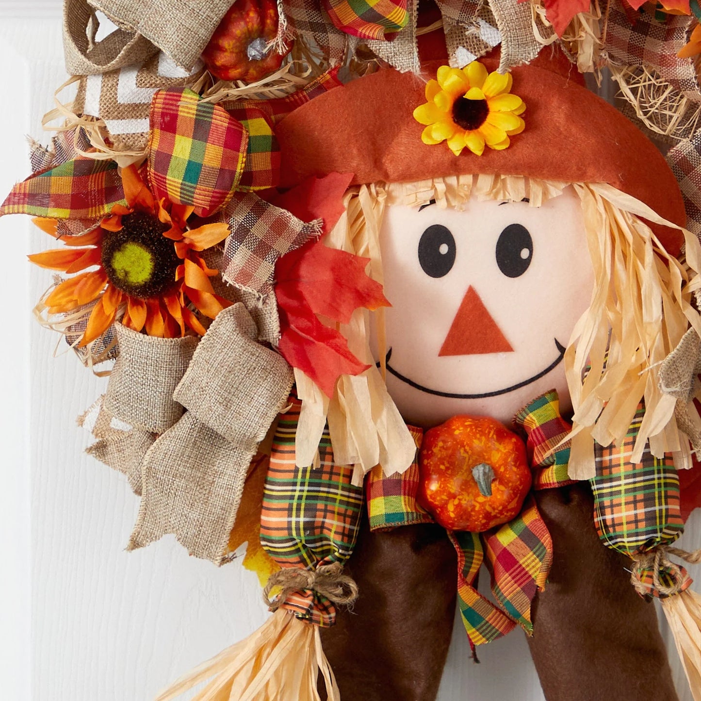 30" Scarecrow Wreath w/Sunflower, Pumpkin and Bows