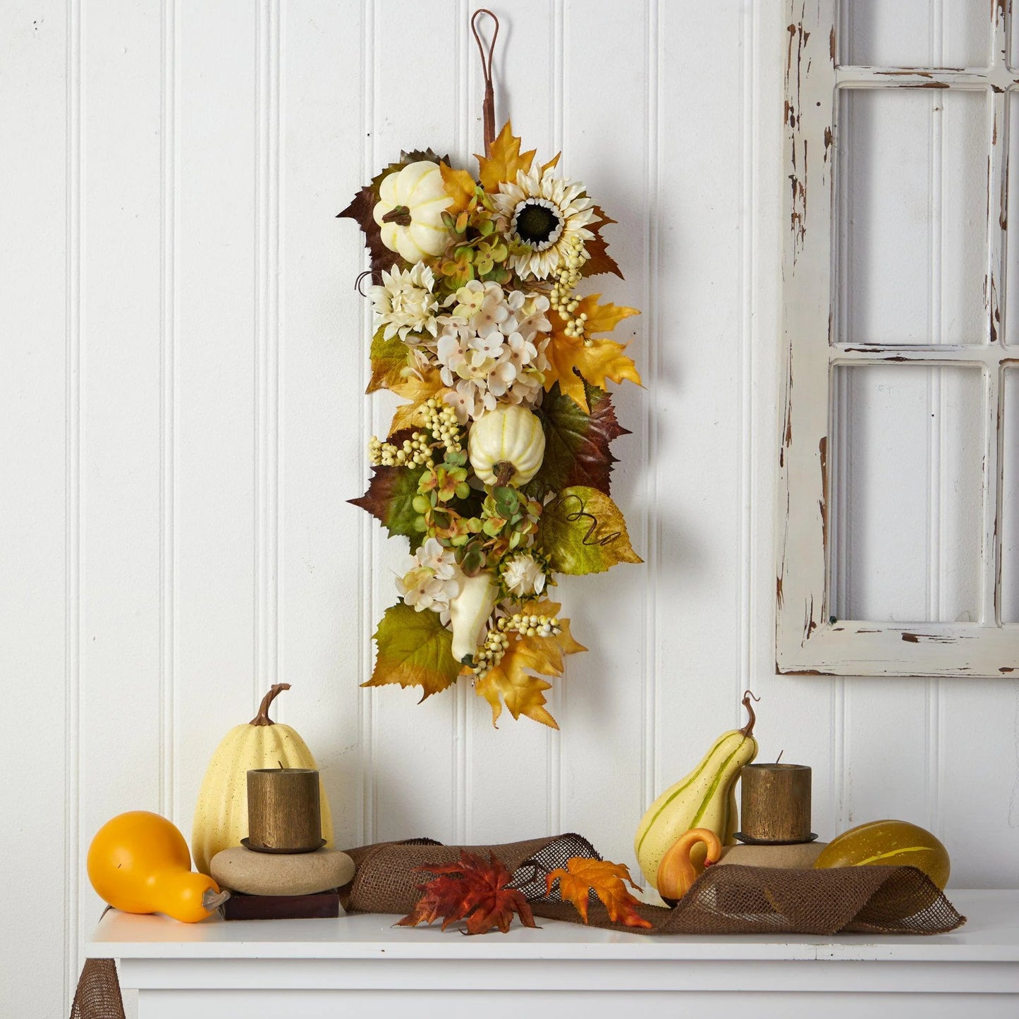 33" Fall Sunflower Hydrangea and Pumpkin Teardrop