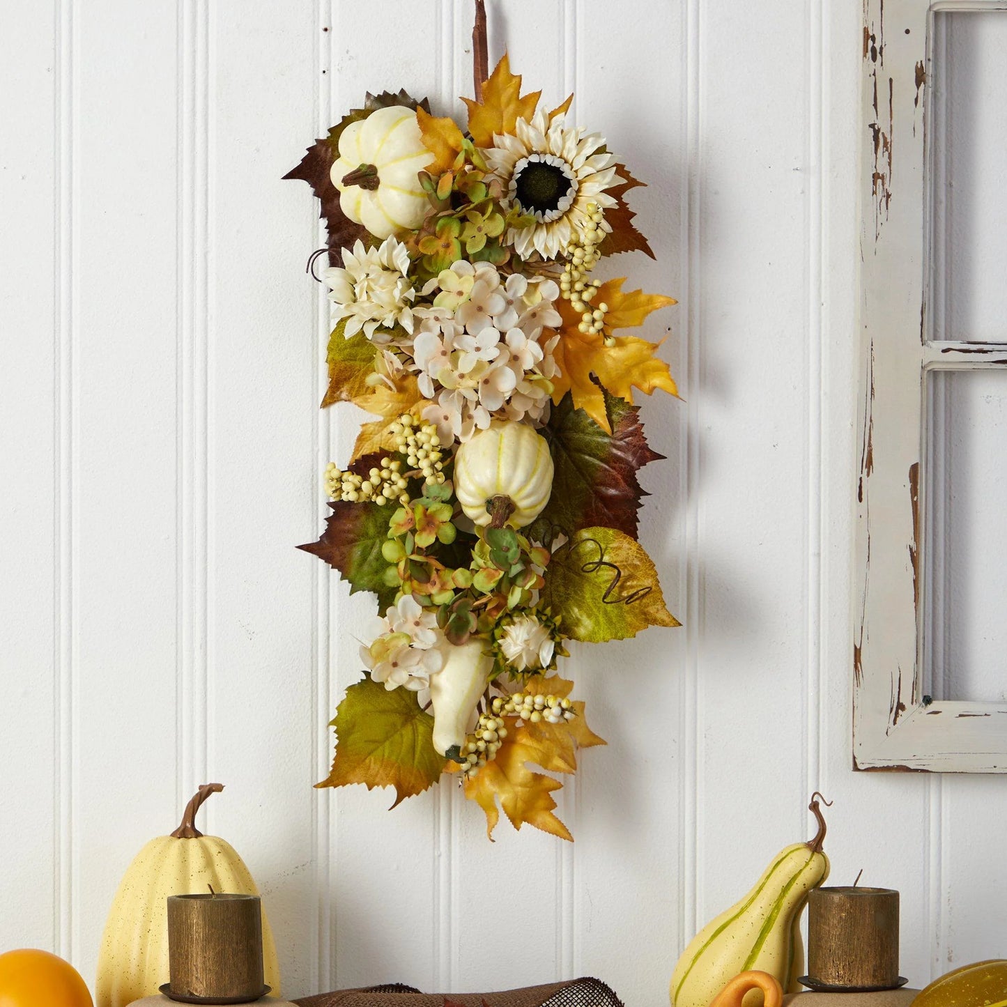33" Fall Sunflower Hydrangea and Pumpkin Teardrop