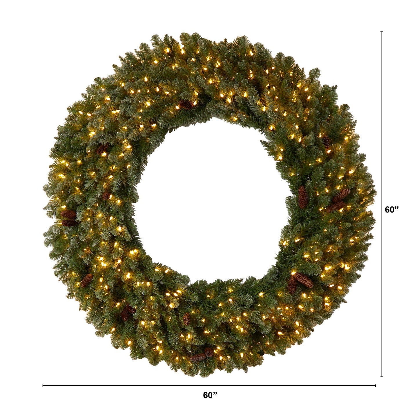 5' Flocked Xmas Wreath w/Pinecones 300 Clear LEDs & 680 TPS