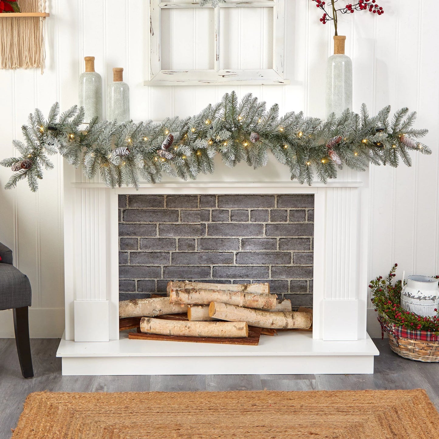 6' Frosted Xmas Garland with Pinecones and 50 LEDs