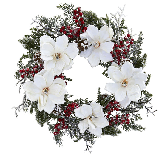 22" Frosted Magnolia & Berry Wreath