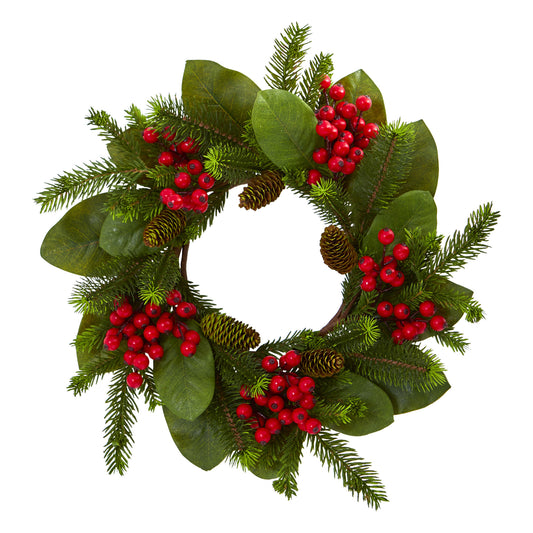 19" Magnolia Leaf Berry and Pine Artificial Wreath