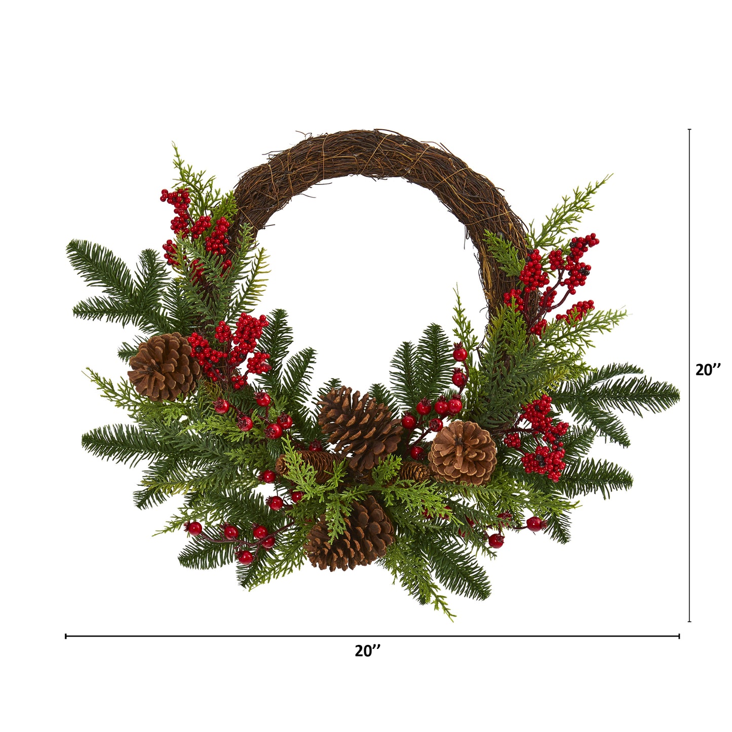 22" Mixed Pine and Cedar with Berries and Pine Cones Wreath