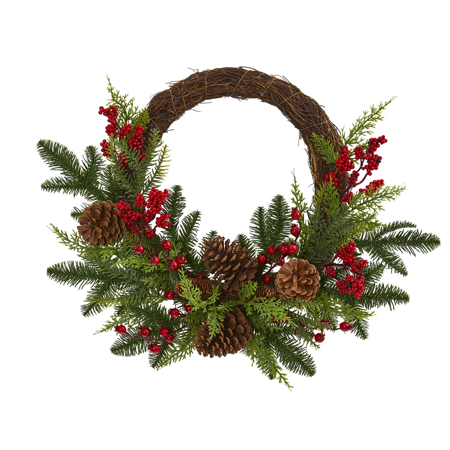 22" Mixed Pine and Cedar with Berries and Pine Cones Wreath