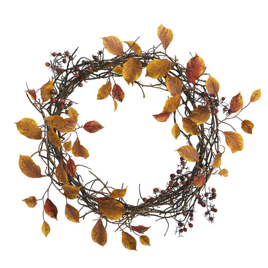 19" Harvest Leaf Berries  and Twig Artificial Wreath