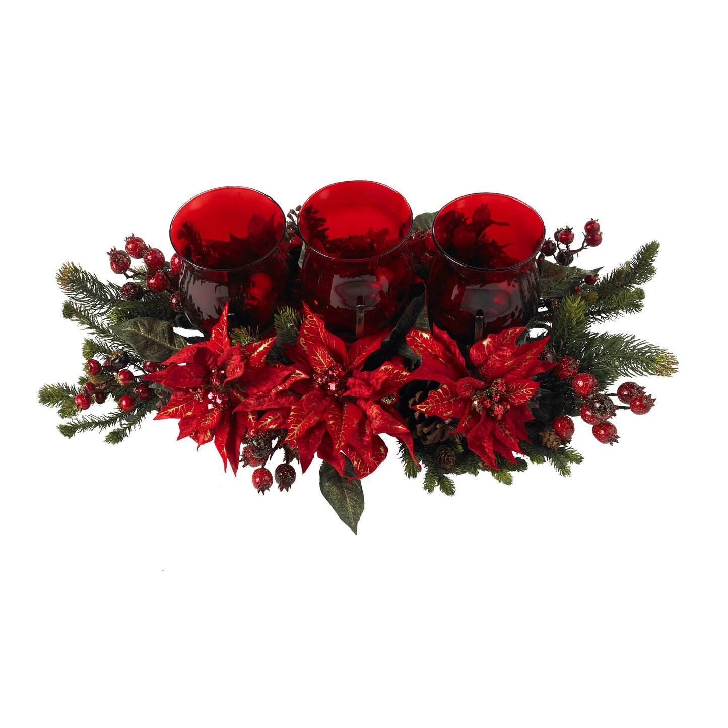 30" Poinsettia & Berry Triple Candelabrum