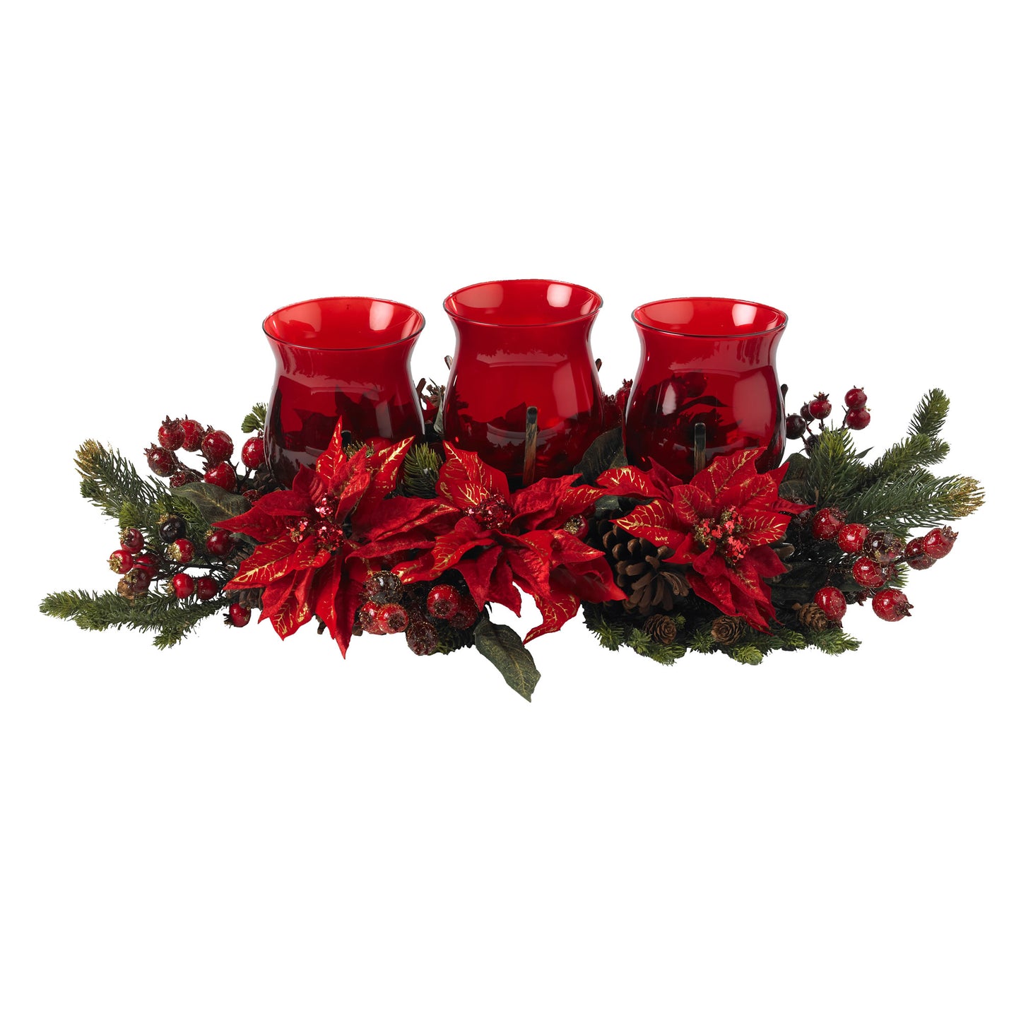 30" Poinsettia & Berry Triple Candelabrum