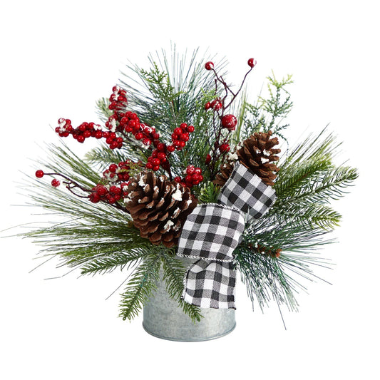 12" Christmas Frosted Pine Cones and Berries Arrangement