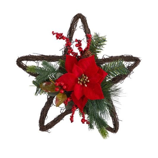 16” Holiday Christmas Poinsettia Star Twig Wreath