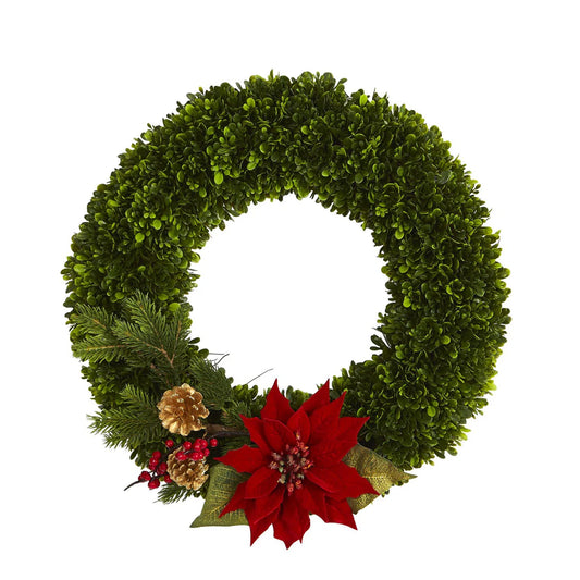 18" Tea Leaf Poinsettia and Pine Artificial Wreath