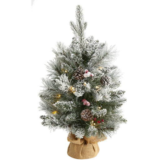 2' Flocked Xmas Tree w/30 Lights, 73 Tips, Cones & Berries