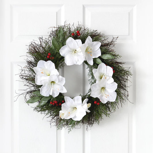 20" Cedar Amaryllis and Ruscus with Berries Wreath