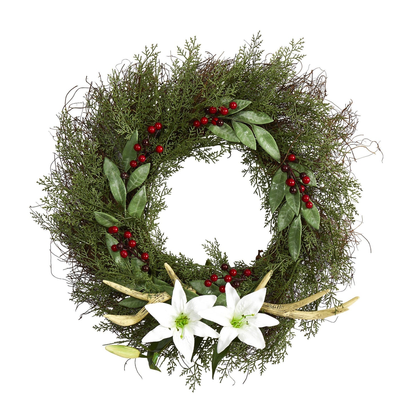 20" Cedar Antlers Lily and Ruscus with Berries Wreath