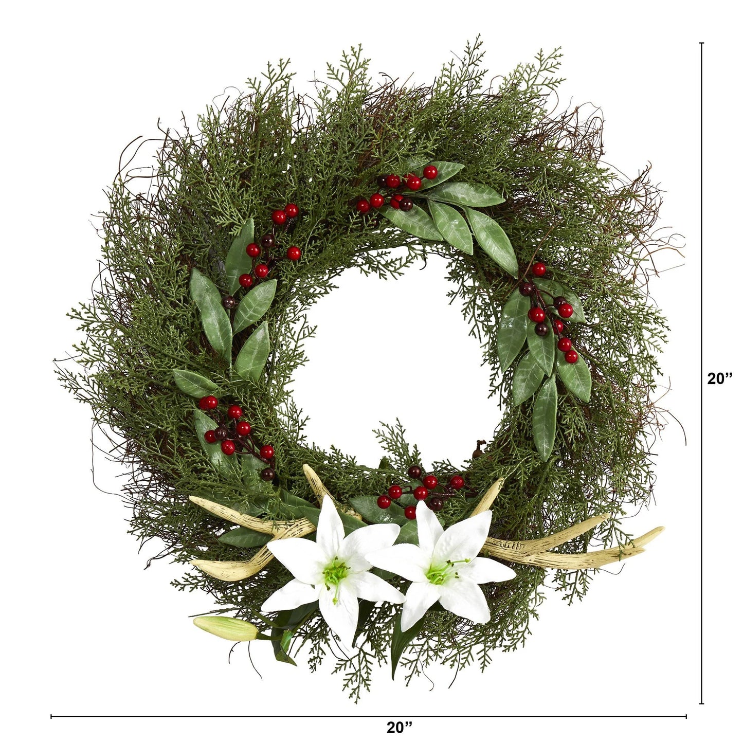 20" Cedar Antlers Lily and Ruscus with Berries Wreath