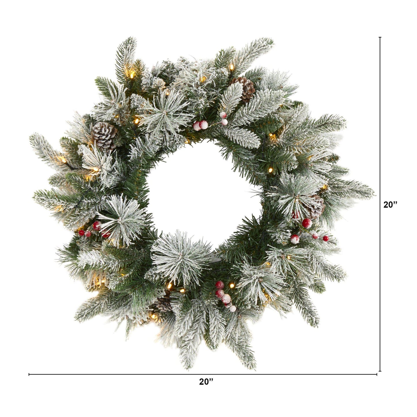 20" Flocked Wreath w/50 LEDs, Pine Cones, Berries & 130 Tips