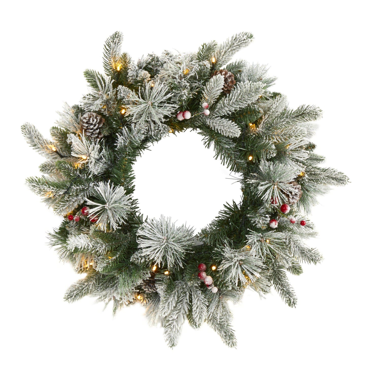 20" Flocked Wreath w/50 LEDs, Pine Cones, Berries & 130 Tips