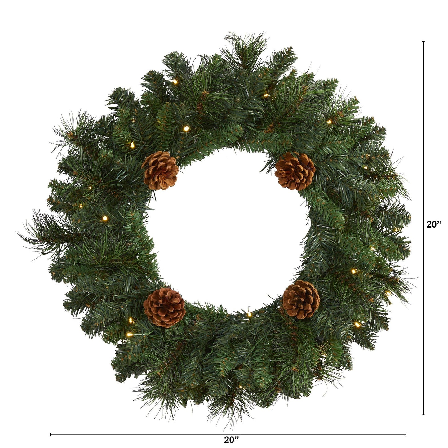 20” Pine Christmas Wreath with 35 LED Lights and Pinecones