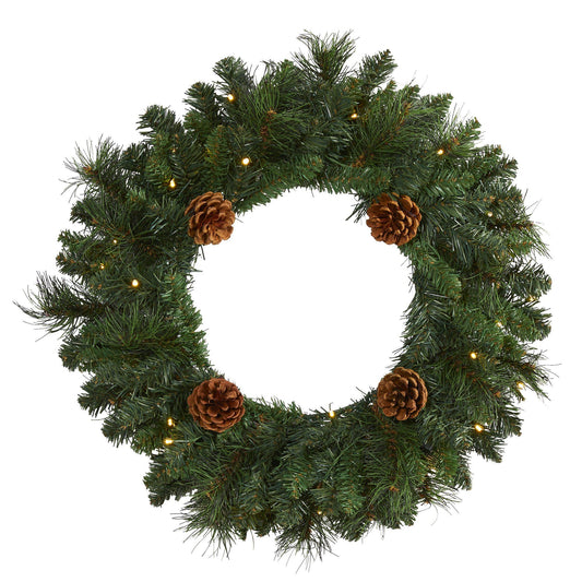 20” Pine Christmas Wreath with 35 LED Lights and Pinecones