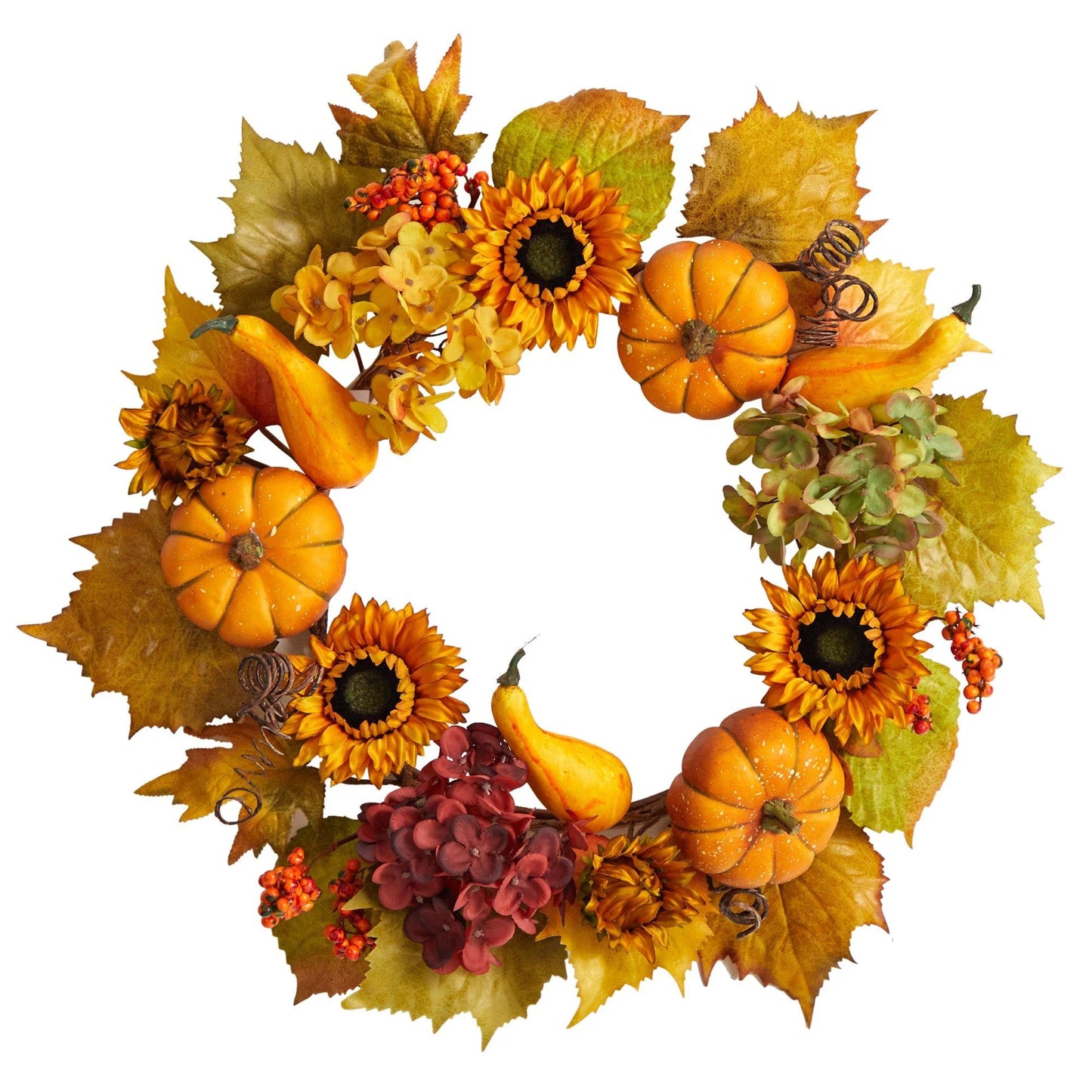 22" Autumn Sunflower Hydrangea and Pumpkin Wreath