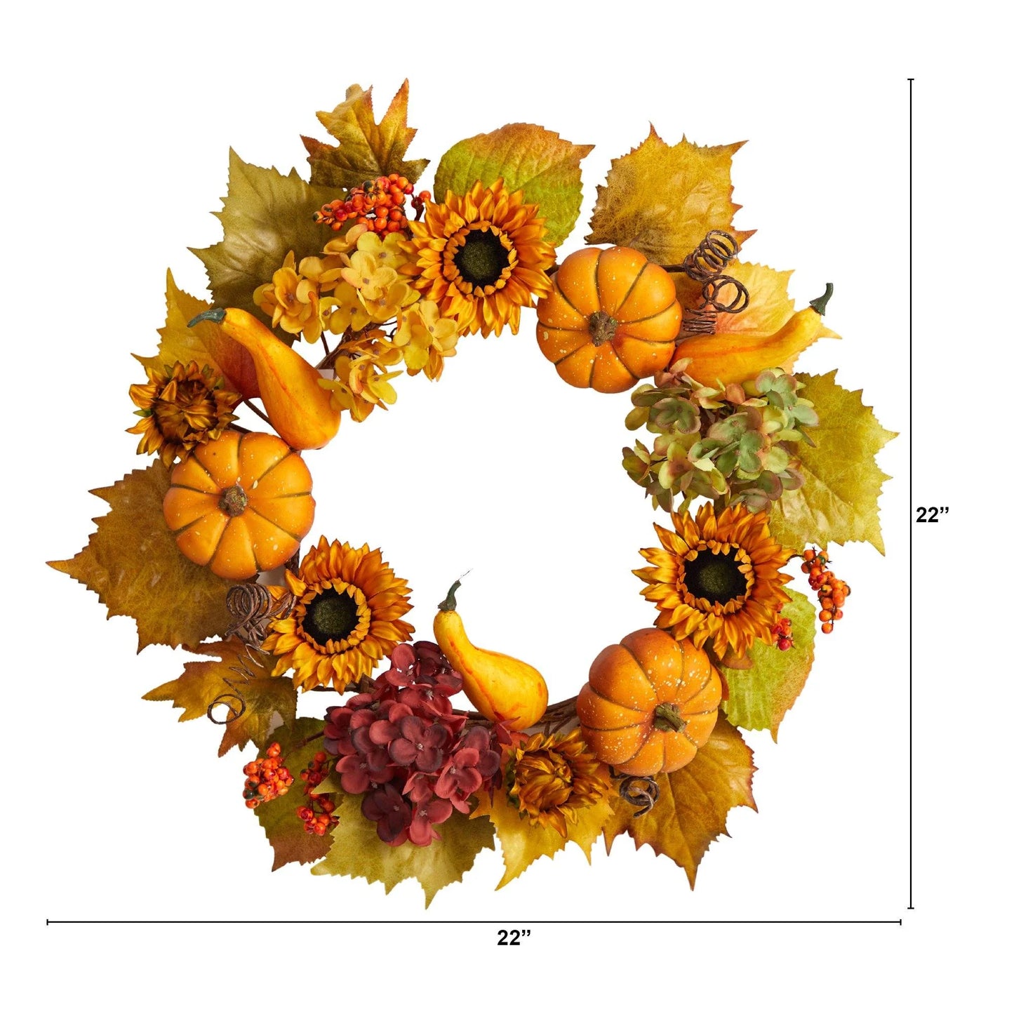 22" Autumn Sunflower Hydrangea and Pumpkin Wreath