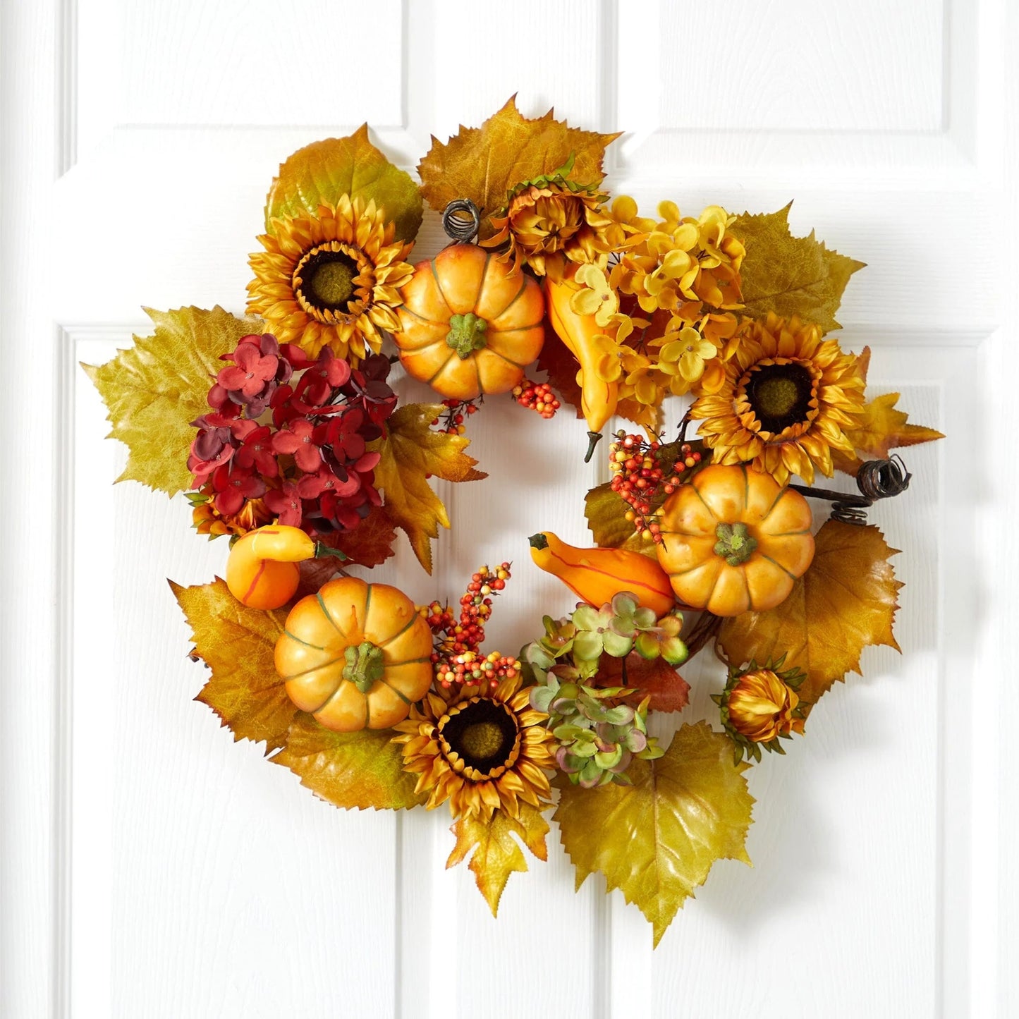 22" Autumn Sunflower Hydrangea and Pumpkin Wreath