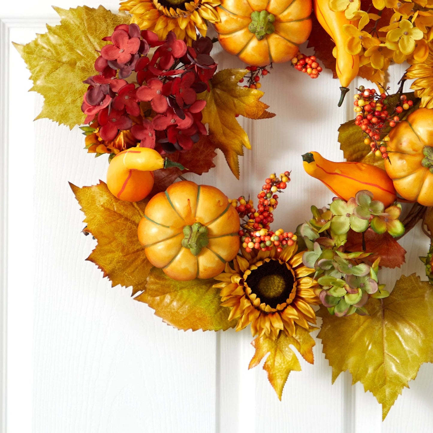 22" Autumn Sunflower Hydrangea and Pumpkin Wreath