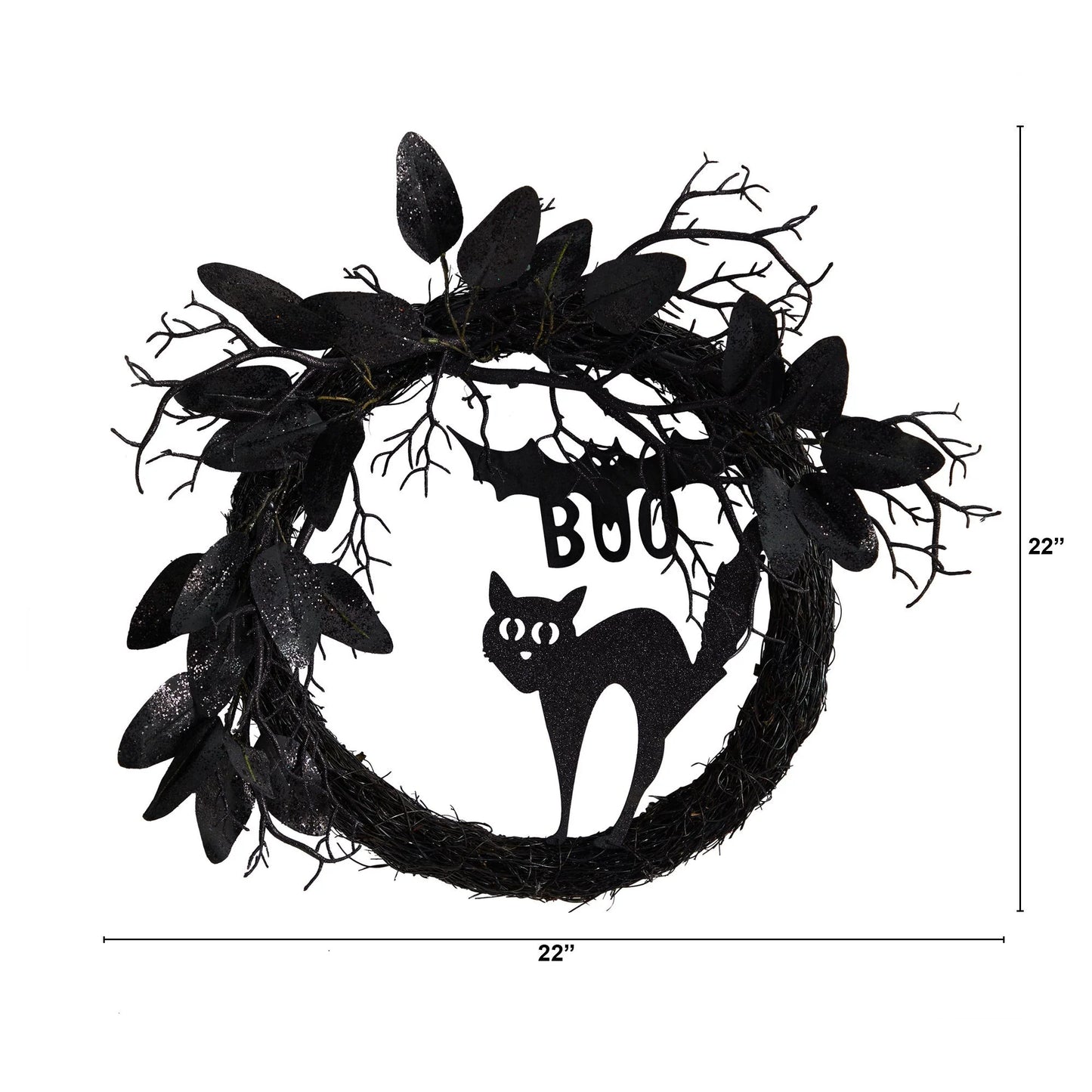 22" Halloween Black Cat and Bat Boo Twig Wreath