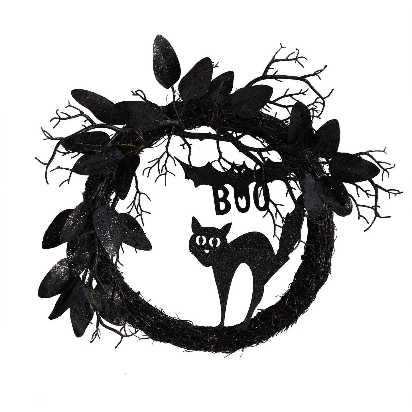 22" Halloween Black Cat and Bat Boo Twig Wreath