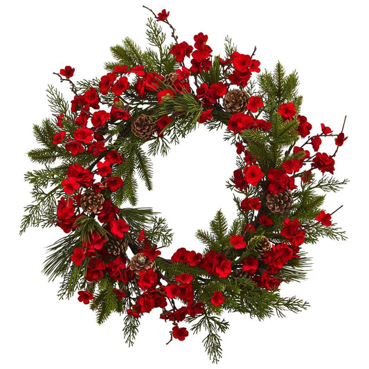 24" Plum Blossom Pine Wreath