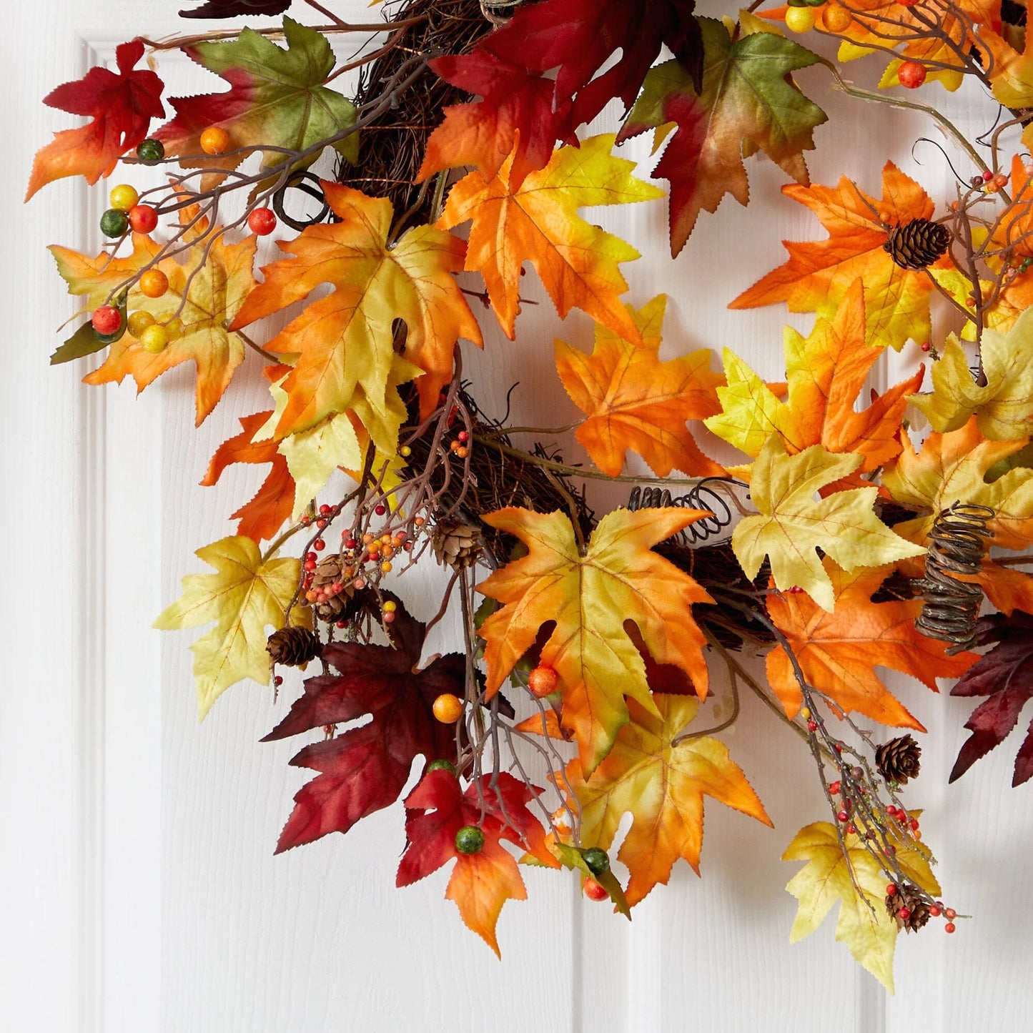 24" Autumn Maple Leaf Berries Wreath with Twig Base