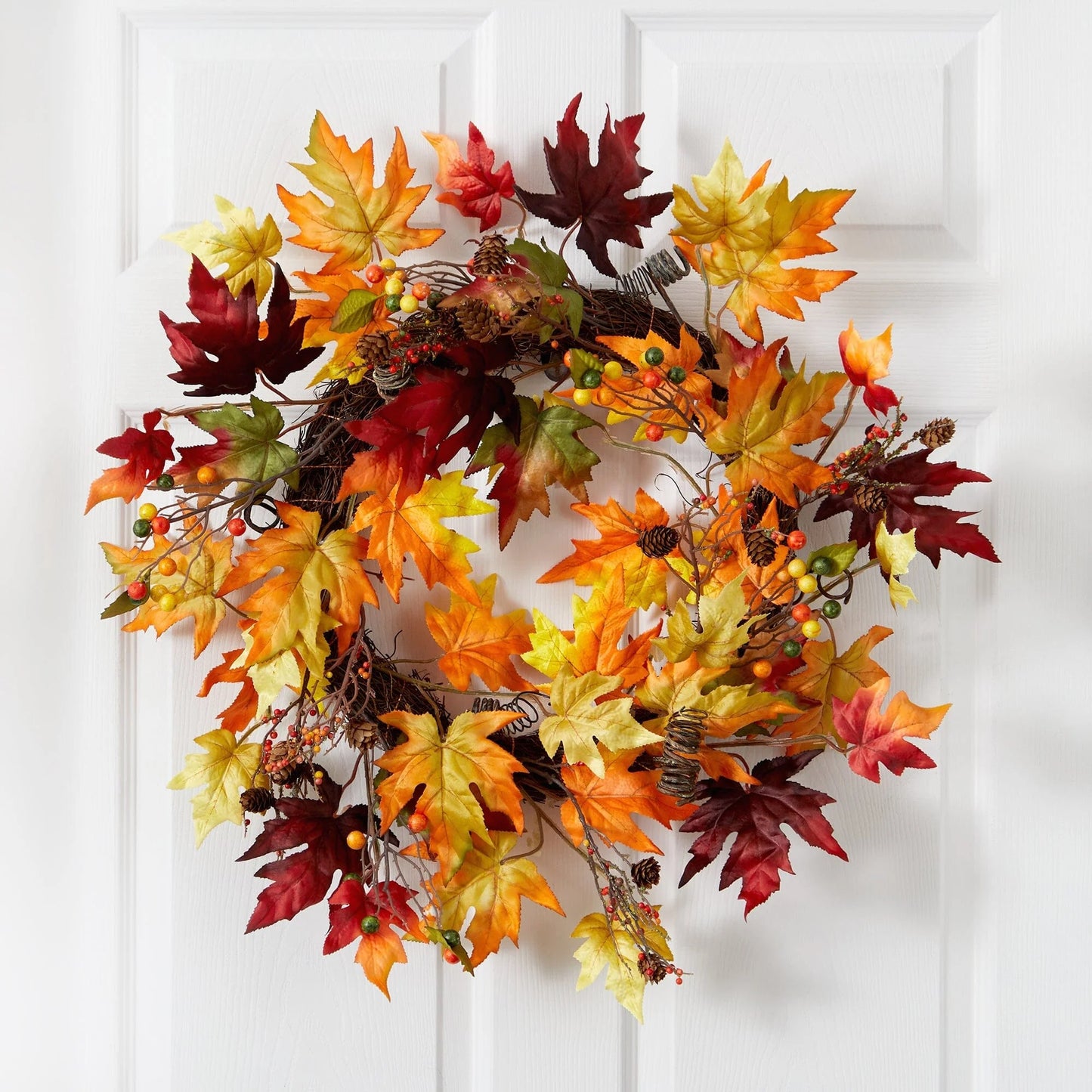 24" Autumn Maple Leaf Berries Wreath with Twig Base