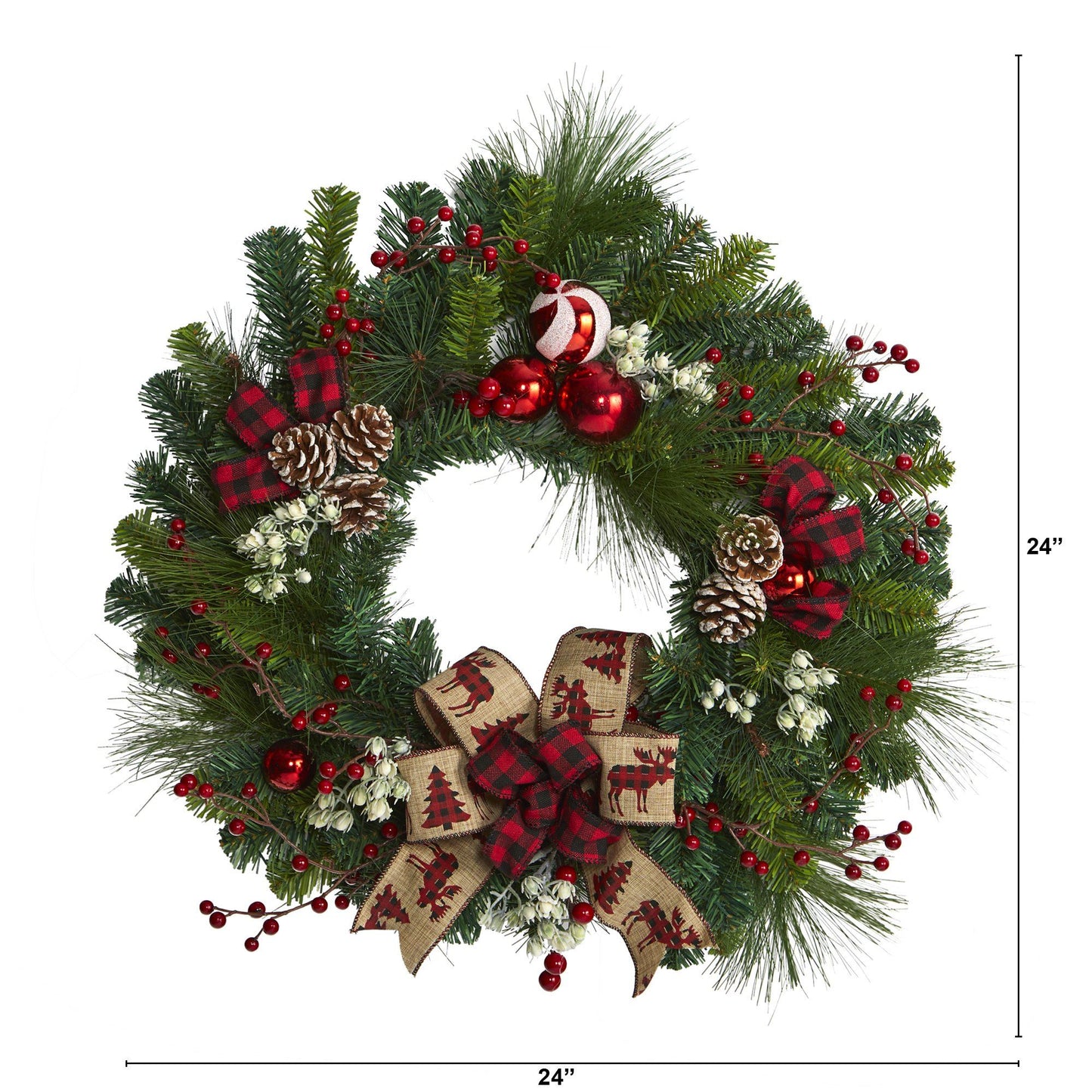 24" Christmas Pine Wreath with Pine Cones and Ornaments