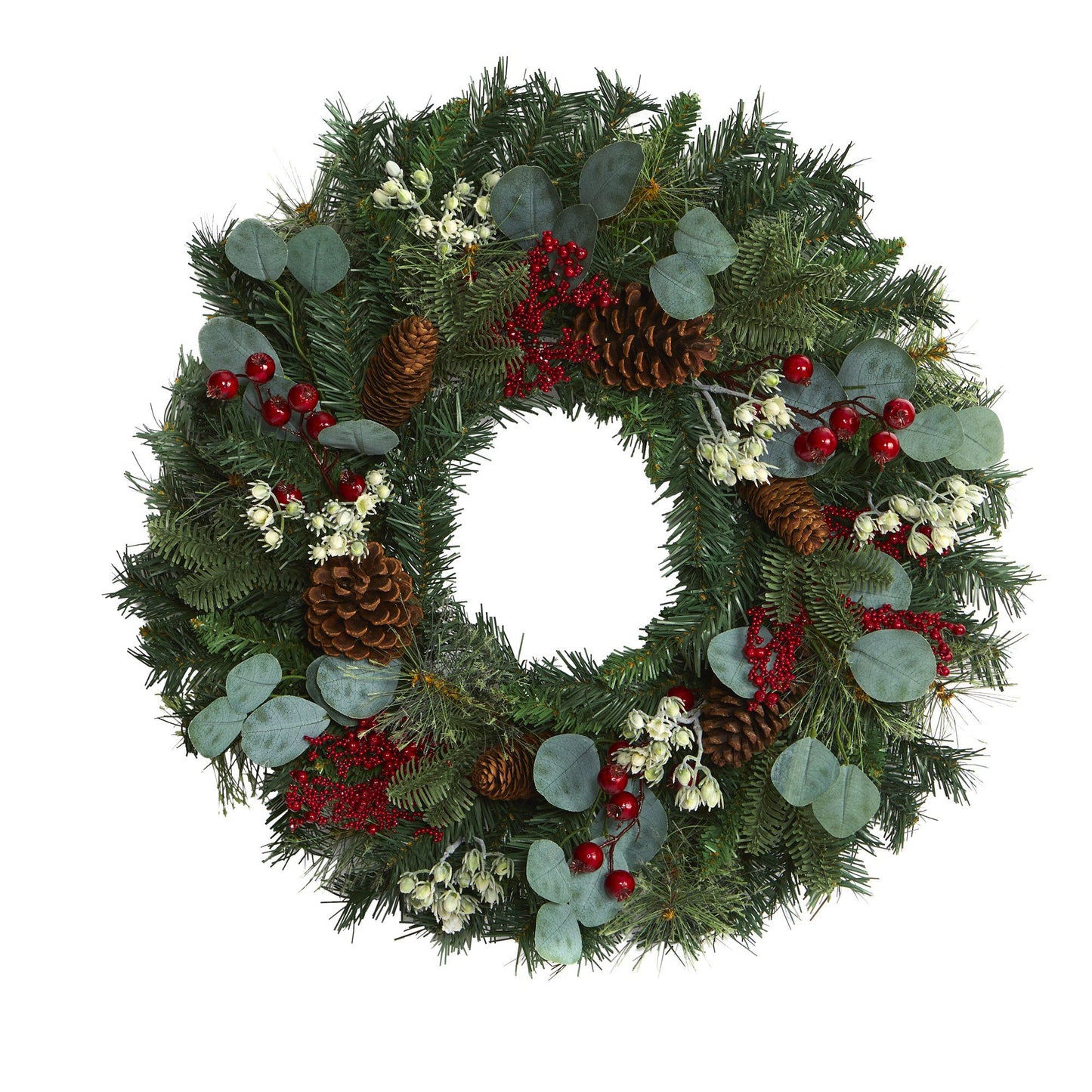 24" Eucalyptus and Pine Wreath with Berries and Pine Cones