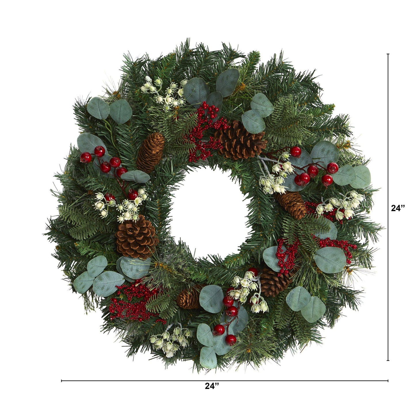 24" Eucalyptus and Pine Wreath with Berries and Pine Cones