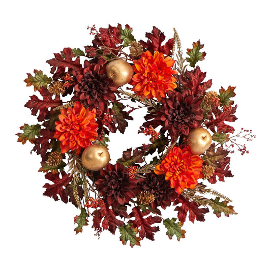 24" Dahlia Apple Oak Leaf and Berries Artificial Wreath