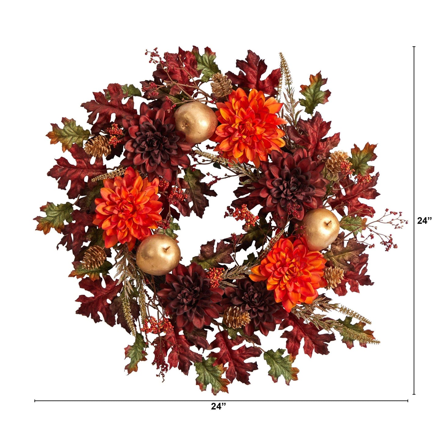 24" Dahlia Apple Oak Leaf and Berries Artificial Wreath