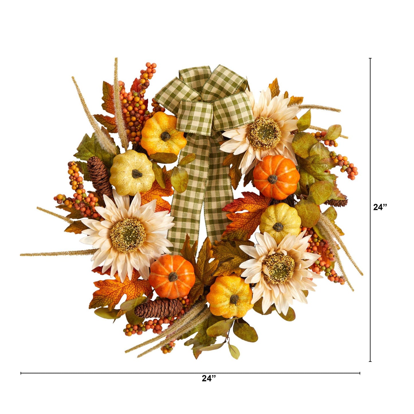 24" Fall Sunflower Pumpkin Wreath with Decorative Ribbon